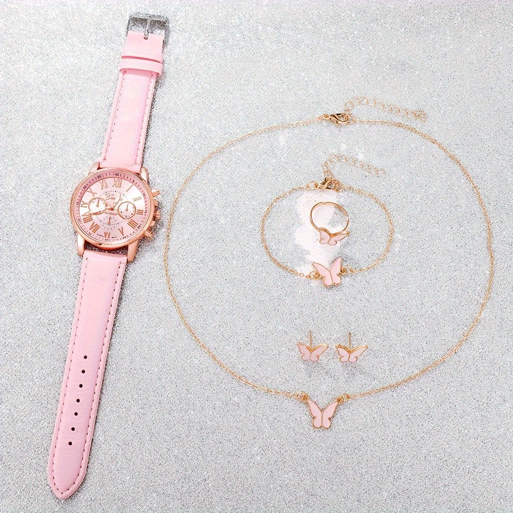 Pink Quartz Watch Set with Butterfly Charm Jewelry Gift for Women