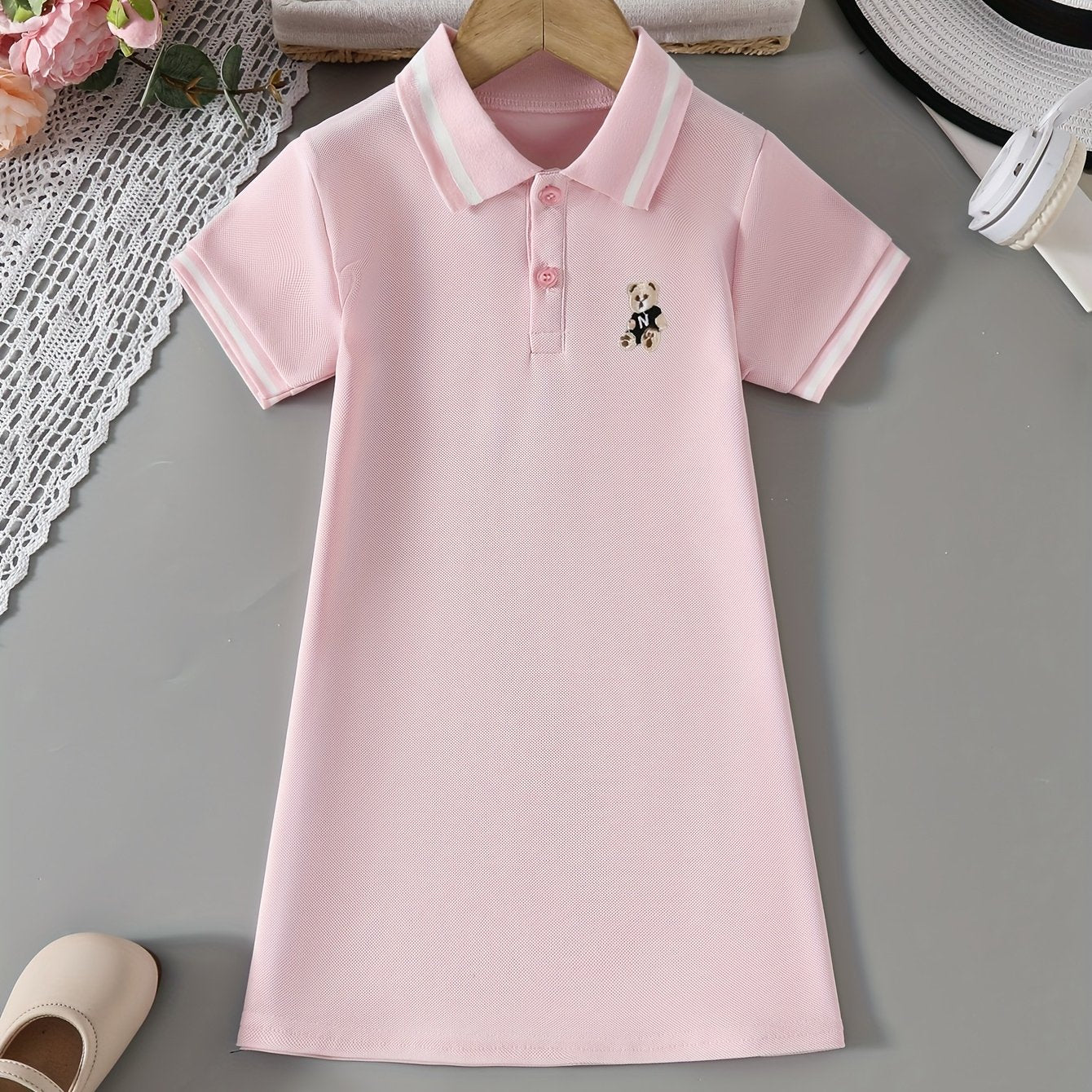 Vestido para niñas con cuello de volante en contraste con oso, manga corta, tela de punto, casual, para volver a clases