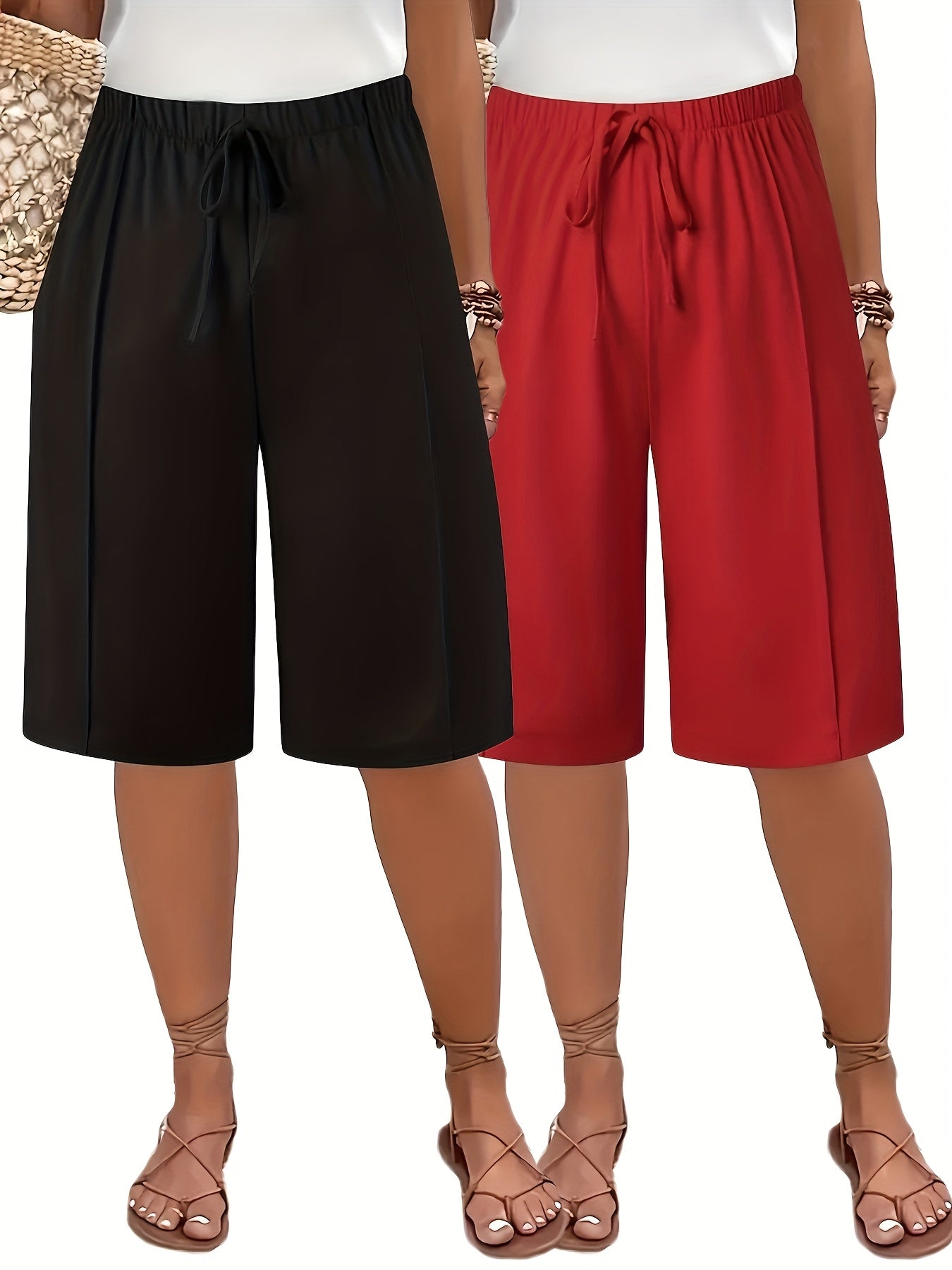 Plus Size Women's Elastic Waist Casual Mid-Length Shorts Black Burgundy 2 Pack