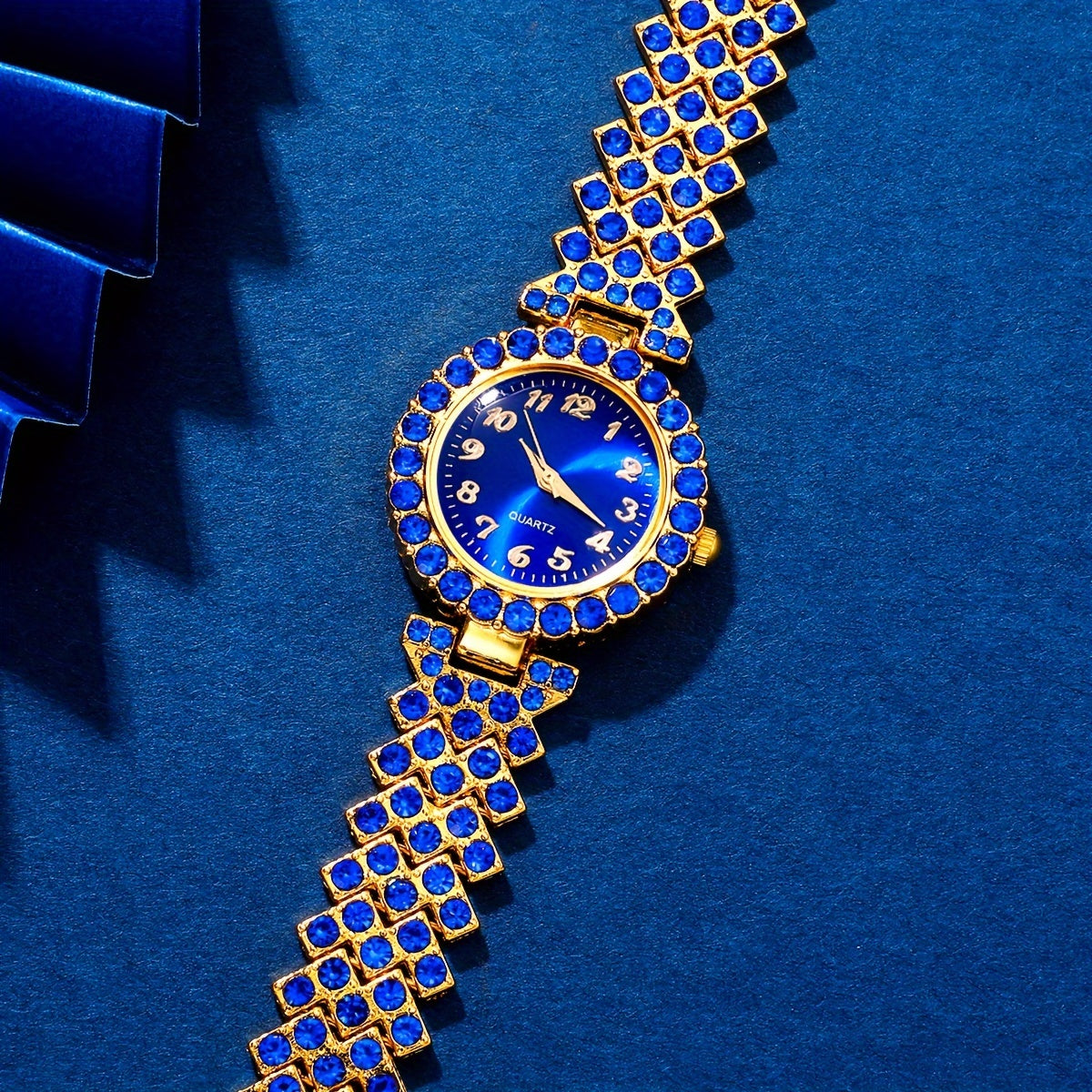 Klein Blue Quartz Watch and Synthetic Gem Jewelry Set for Women with Rhinestones