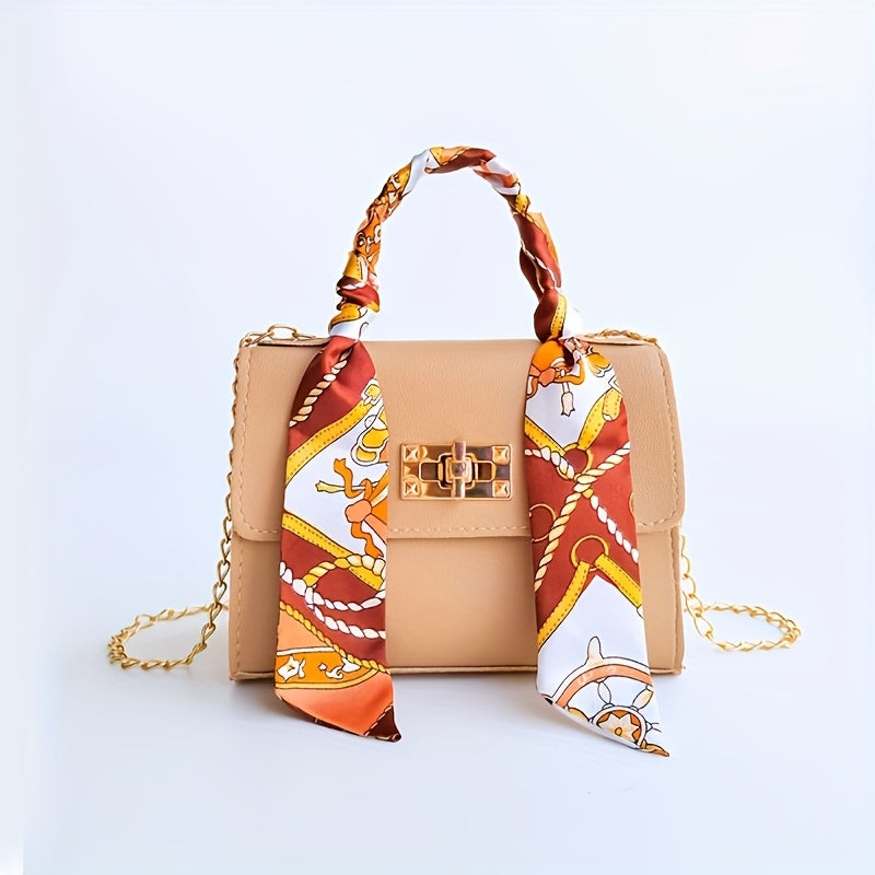 Women's PU Leather Crossbody Bag with Geometric Print and Scarf Accent
