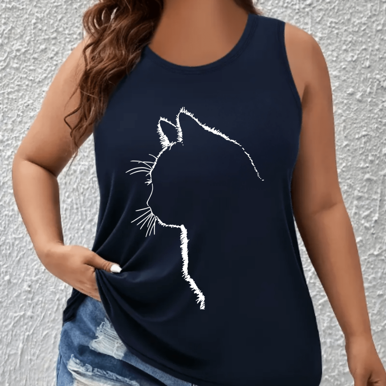 Plus Size Women's Off-Shoulder Vest Top Breathable Polyester Cat Print Green Sleeveless Shirt