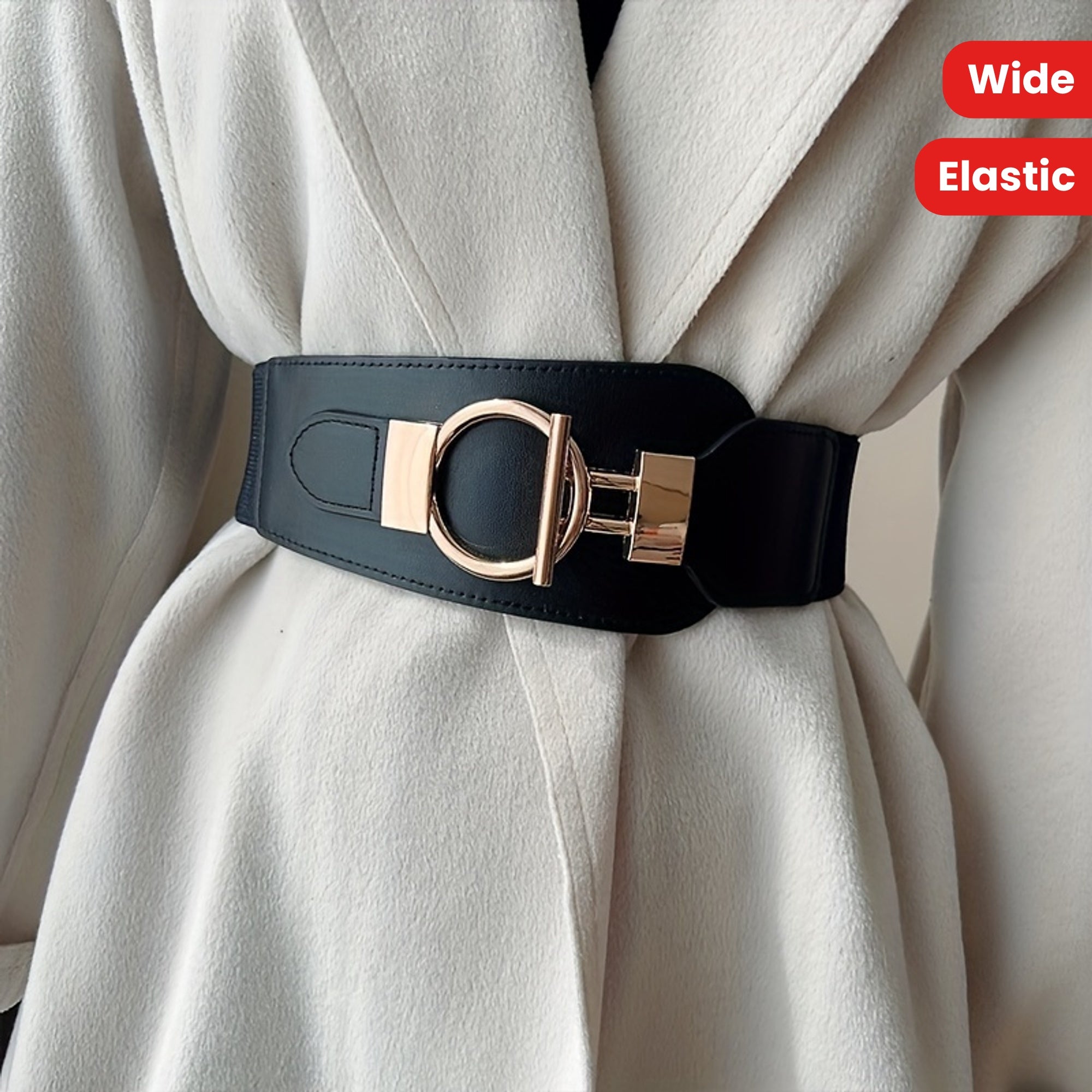 Elastic Female Wide Corset Belt with Golden Buckle for Dresses and Coats
