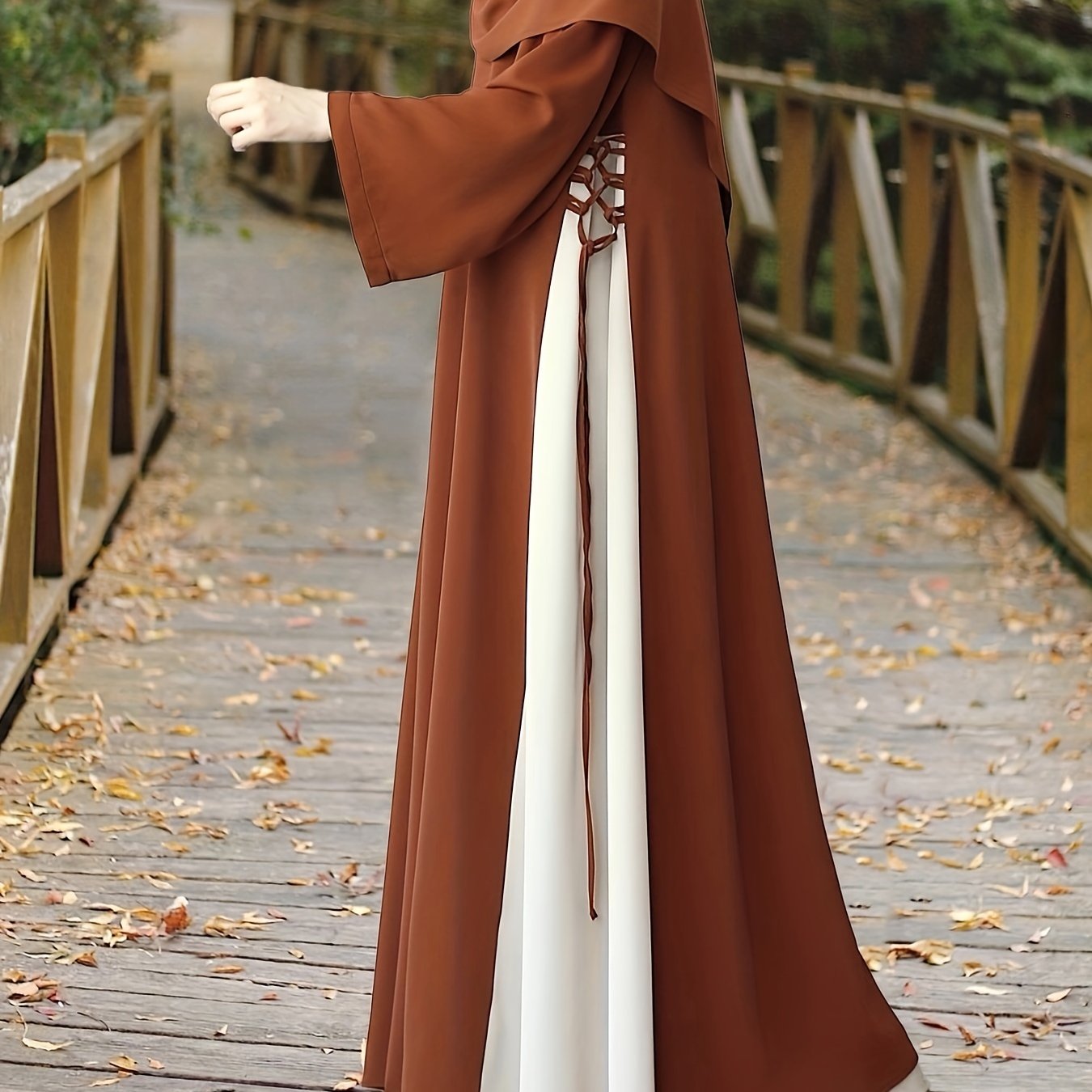 Vestido caftán de bloques de color para mujer con mangas largas y lados con cordón