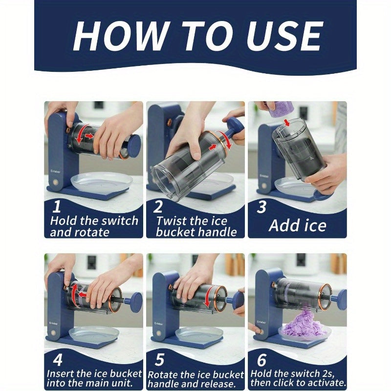 Enleber USB Rechargeable Shaved Ice Cone Machine with Stainless Steel Blades, 2 Reusable Ice Molds. Ideal for Home Kitchen & Camping. Durable and Modern.