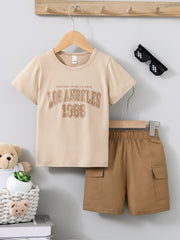 Boys Summer Set Casual Letter Print T-Shirt and Shorts with Pockets Polyester Blend