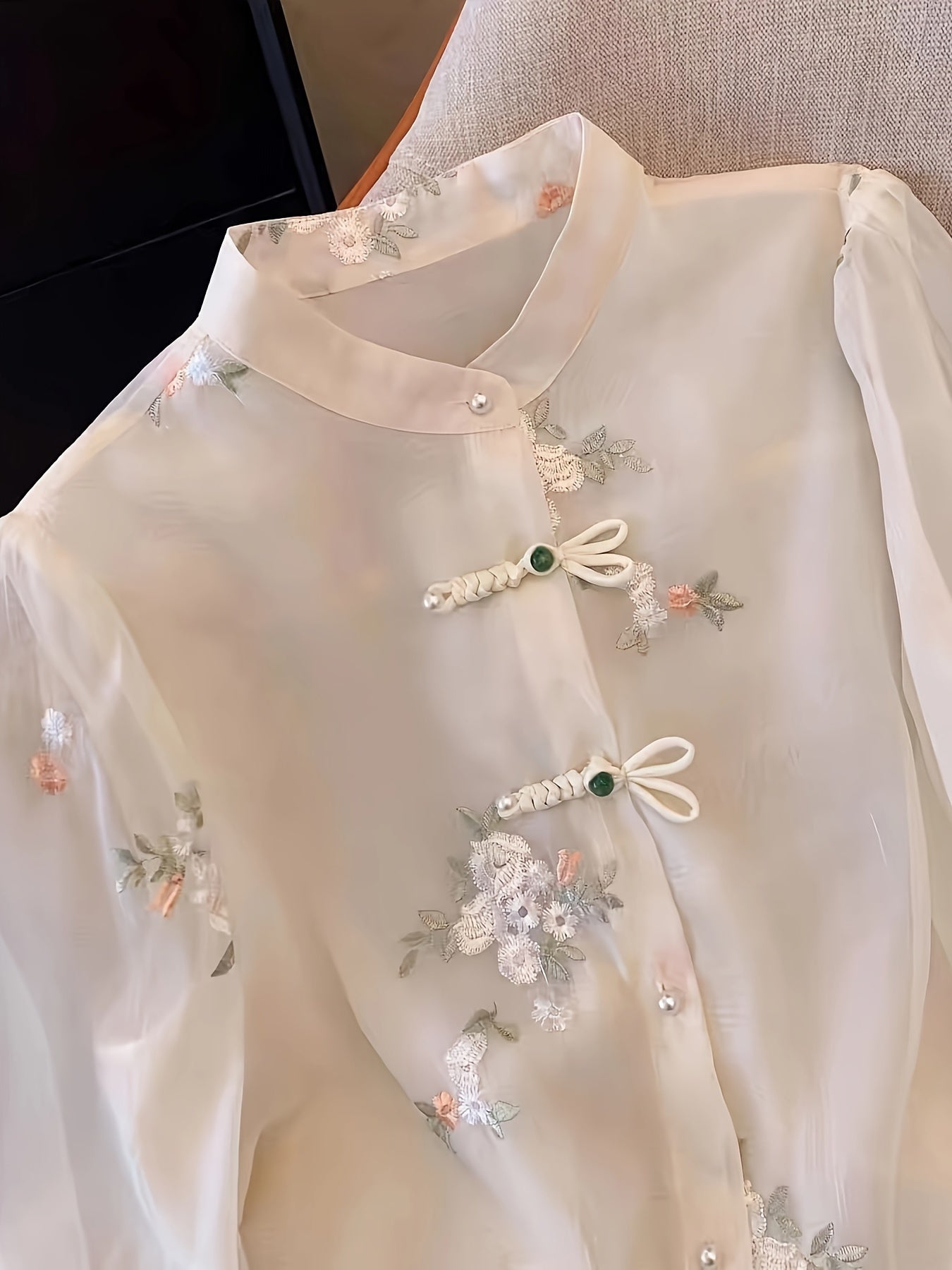 Women's Embroidered Polyester Blouse with Mandarin Collar for Spring and Fall