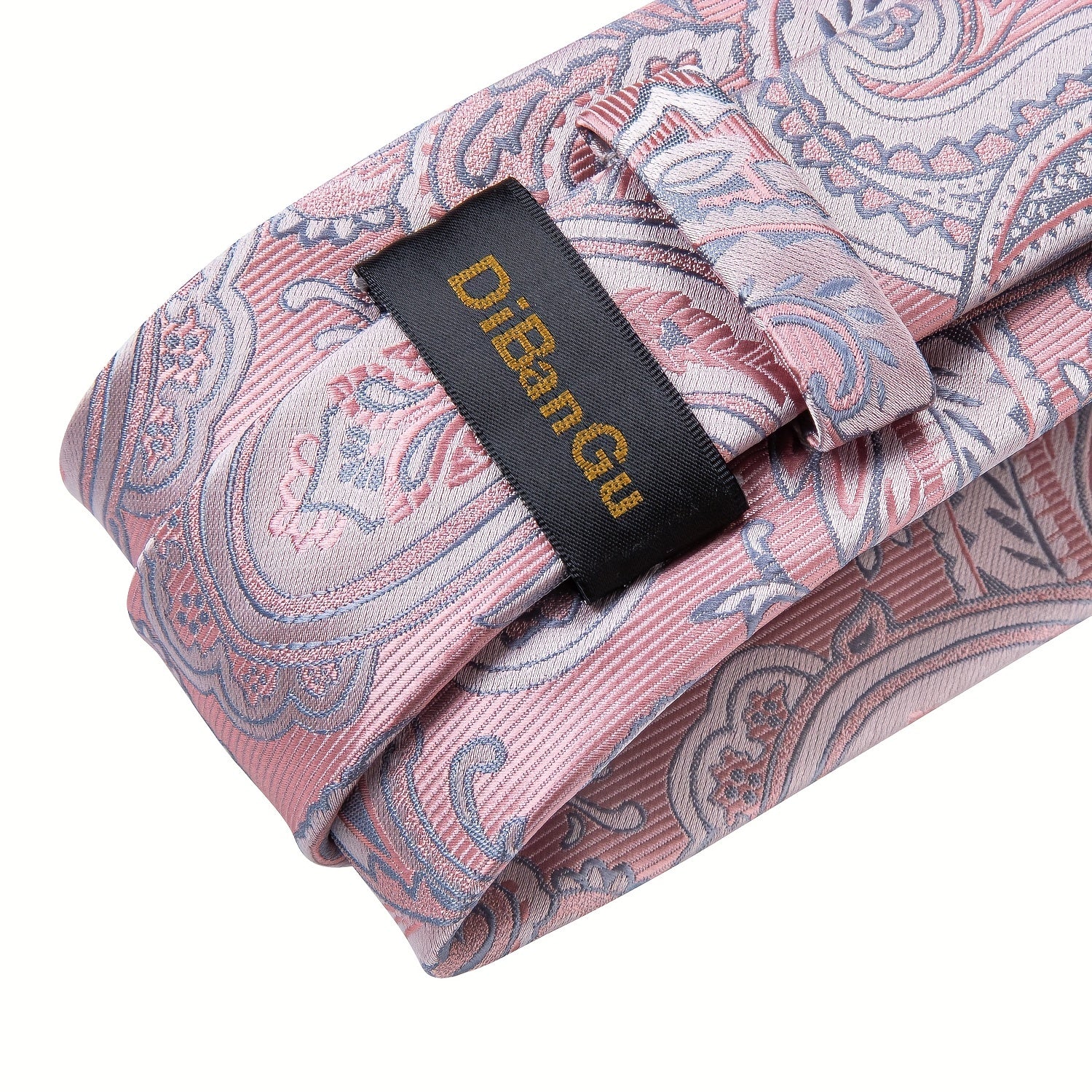 Stylish Men's Pink Patterned Tie Set with Pocket Square, Hanky, and Cufflinks - Perfect for Weddings or as a Gift