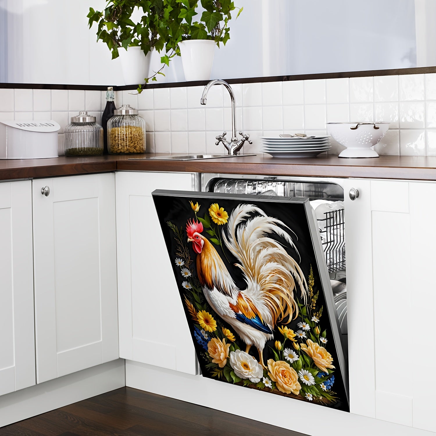 Наклейка на стену Farmhouse Kitchen Decal Rooster Floral Wreath PVC 58x66 см для холодильника и посудомоечной машины, декор