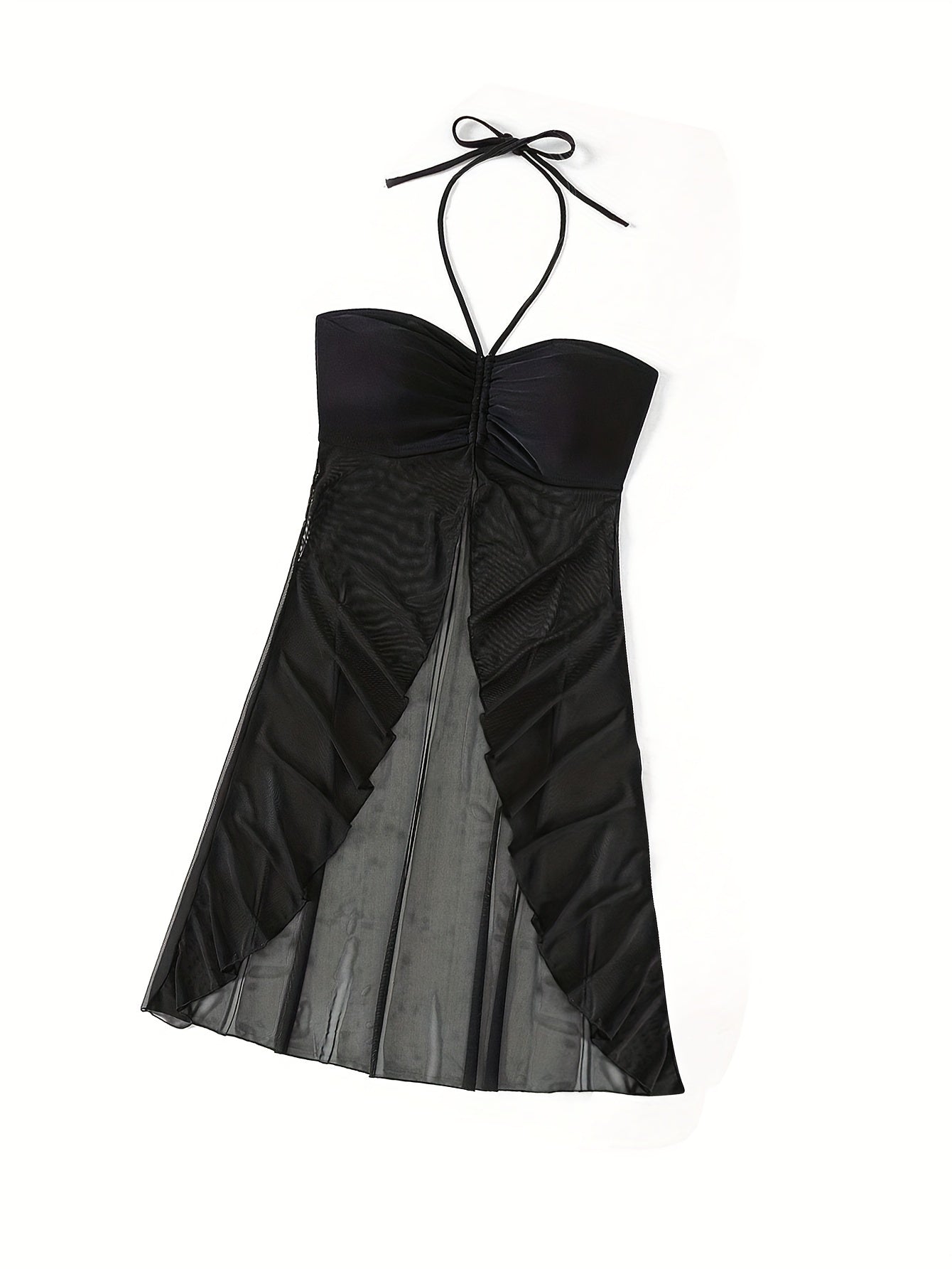 Women's Solid Color Sheer Mesh Beach Cover-Up Skirt with Halter Neck and Stretch Fabric