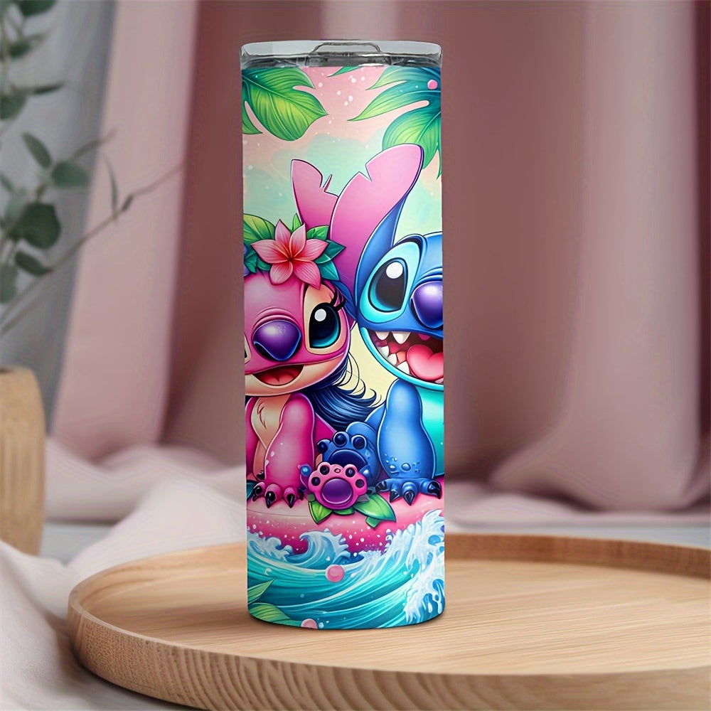 20oz zanglamaydigan po'latdan yasalgan chashka, Stitch va Angel personajlari bilan to'lqinli bosma, issiq va sovuq ichimliklar uchun