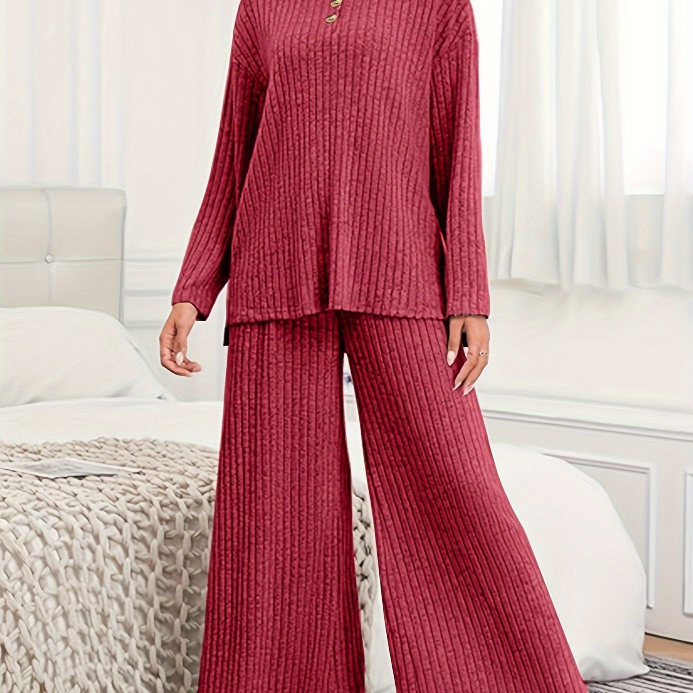 Women's Casual Suit with Ribbed Knit Top and Wide-Leg Hooded Pants