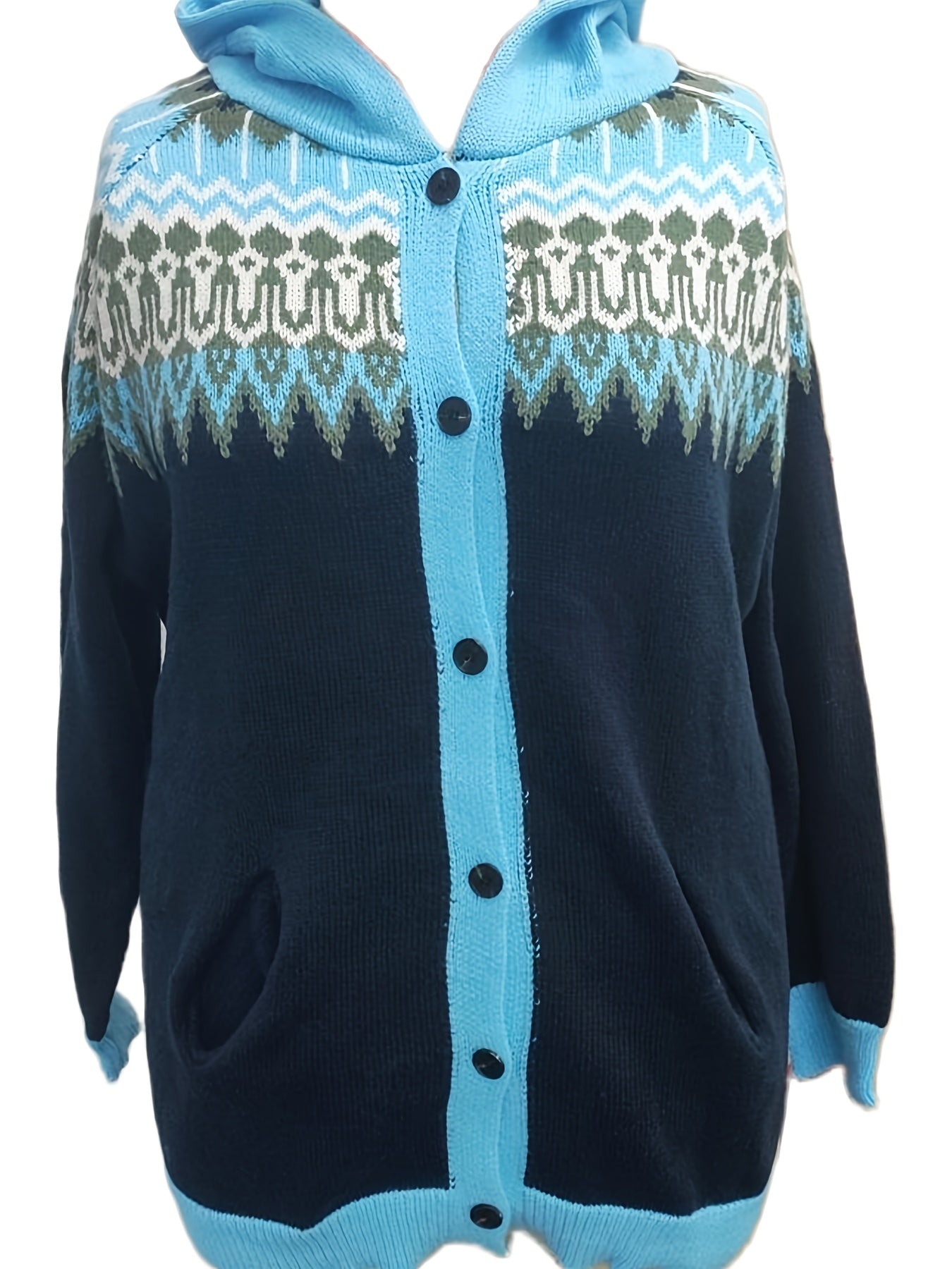 Plus Size Women's Geometric Pattern Hooded Cardigan Sweater Coat Fall Winter Long Sleeve