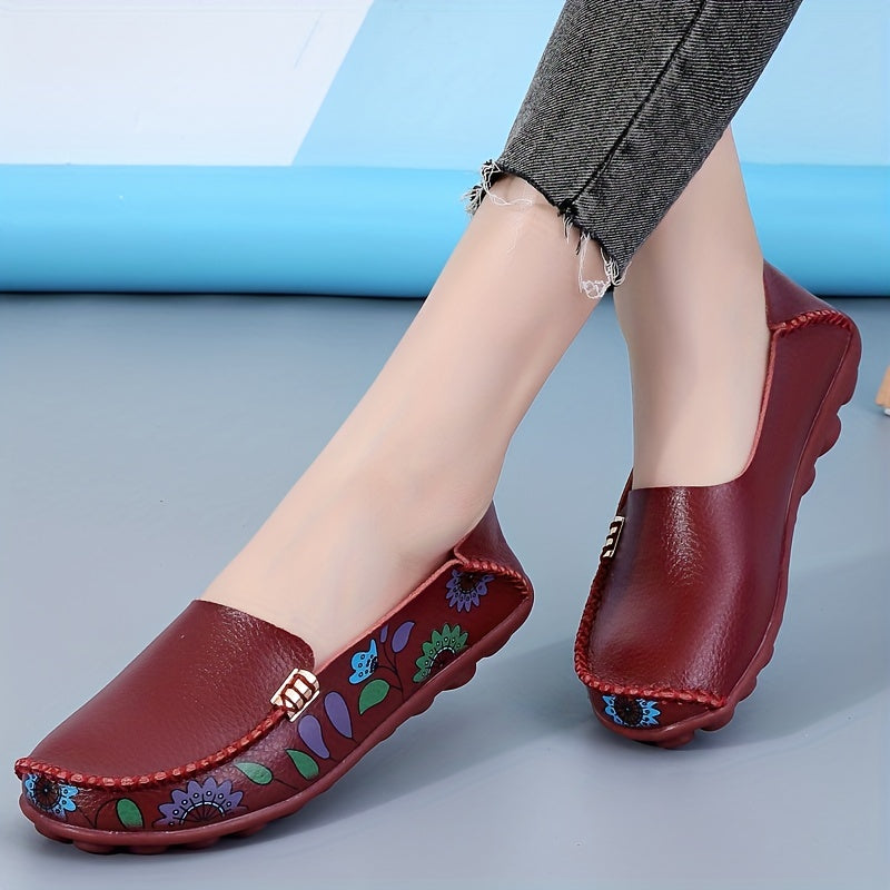 Women’s Slip-On Loafers Floral Print Casual Shoes Red Cover Upper