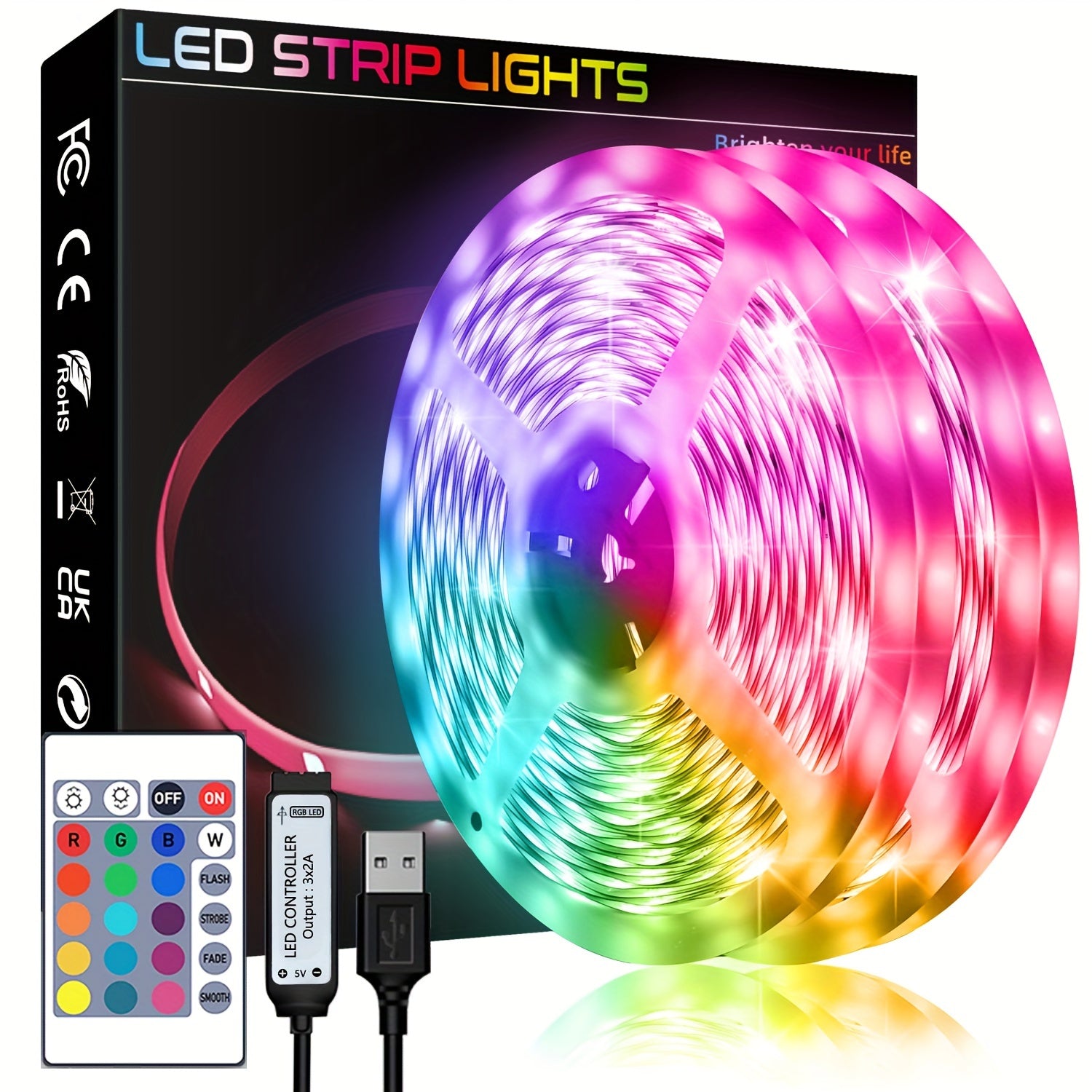 RGB LED Strip Lights 91.44cm to 30.48m USB Powered Infrared Sensor Color Adjustable