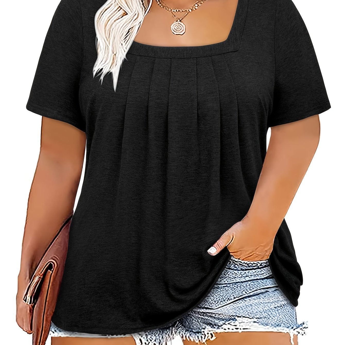 Plus Size Women's Pleated Short Sleeve Square Neck T-Shirt Spring Summer Casual Clothing