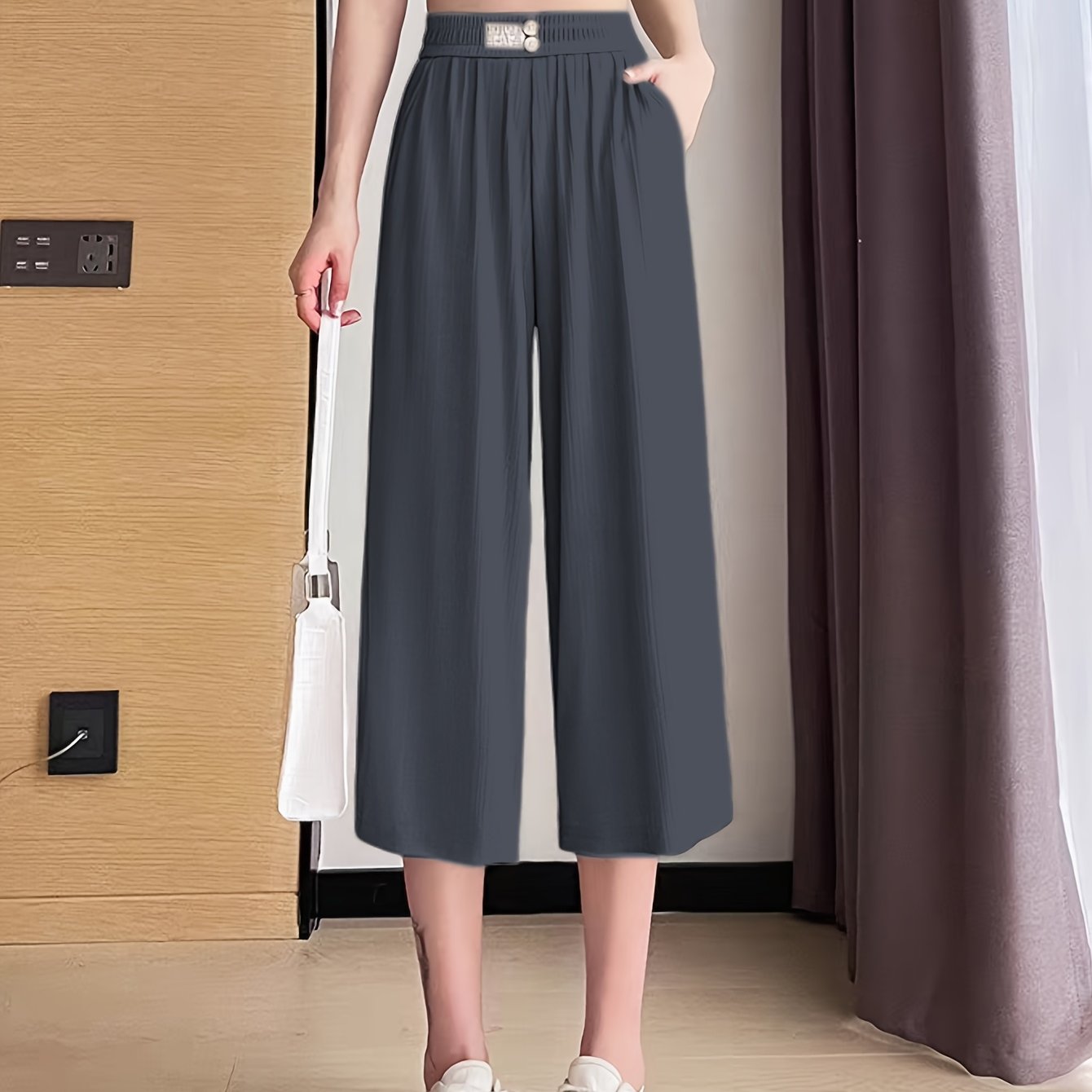 Women's Stretchy Wide-Leg Capri Pants Lightweight Ice Silky Fabric Black