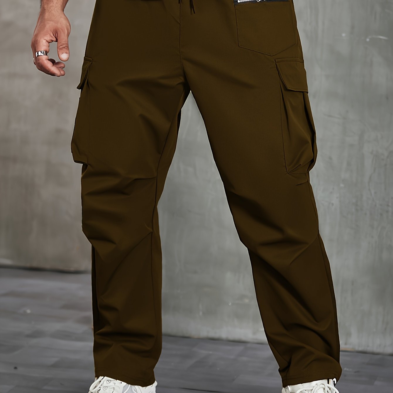 Men's Plus Size Cargo Pants Non-Stretch Polyester Zipper Pockets Drawstring Regular Fit All-Season