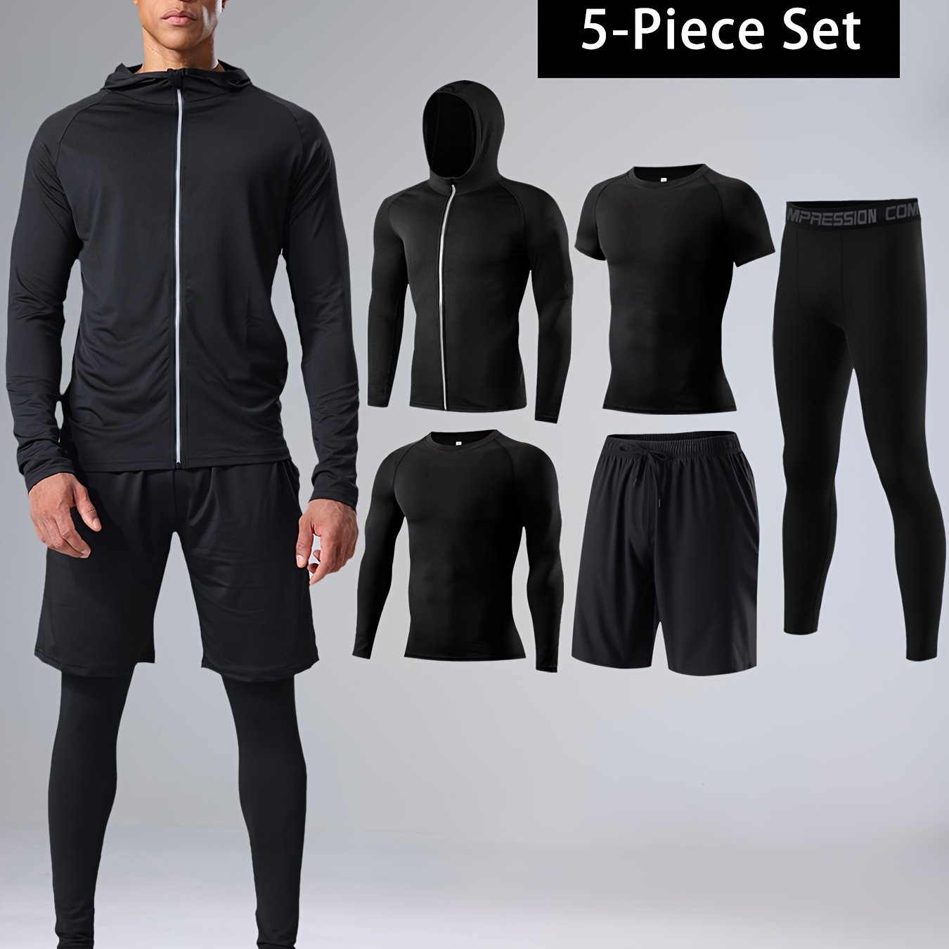 Men's Athletic Set 5-Piece Quick-Dry Compression Sportswear for Basketball and Fitness