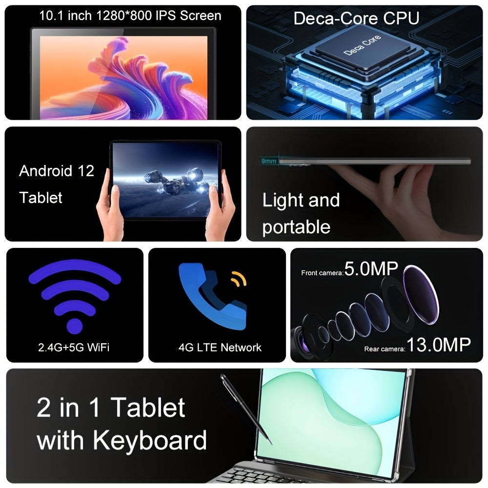 10.1 Inch Android Tablet with 6GB RAM 128GB Storage Dual SIM Wi-Fi 6 Metal Case with Stand Stylus and Keyboard