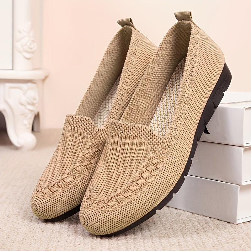 Mocasines de punto transpirables para mujer beige verdes, planos antideslizantes con suela de PVC