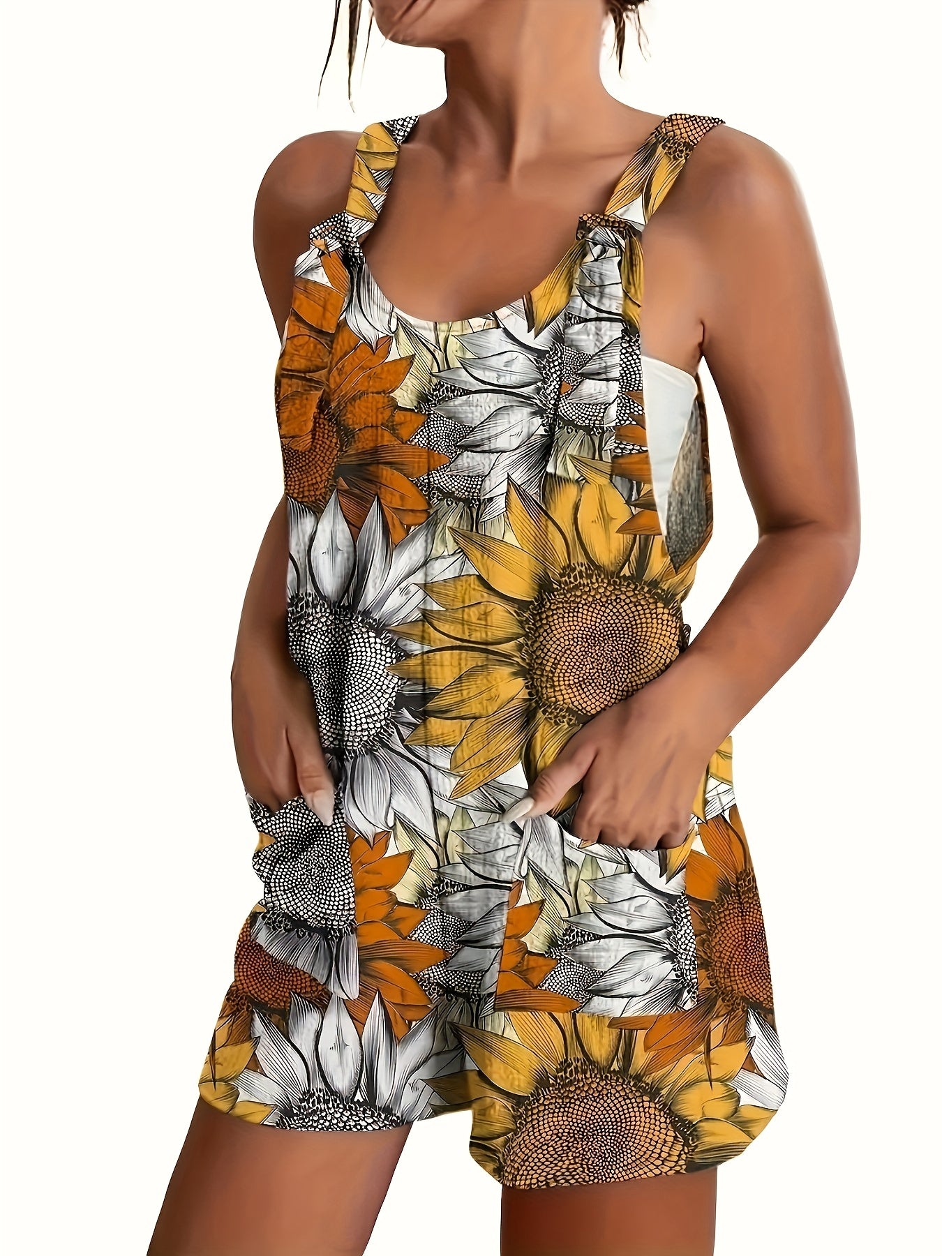 Women's Plus Size Sunflower Print Sleeveless Wide-Leg Jumpsuit with Pockets