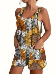 Women's Plus Size Sunflower Print Sleeveless Wide-Leg Jumpsuit with Pockets