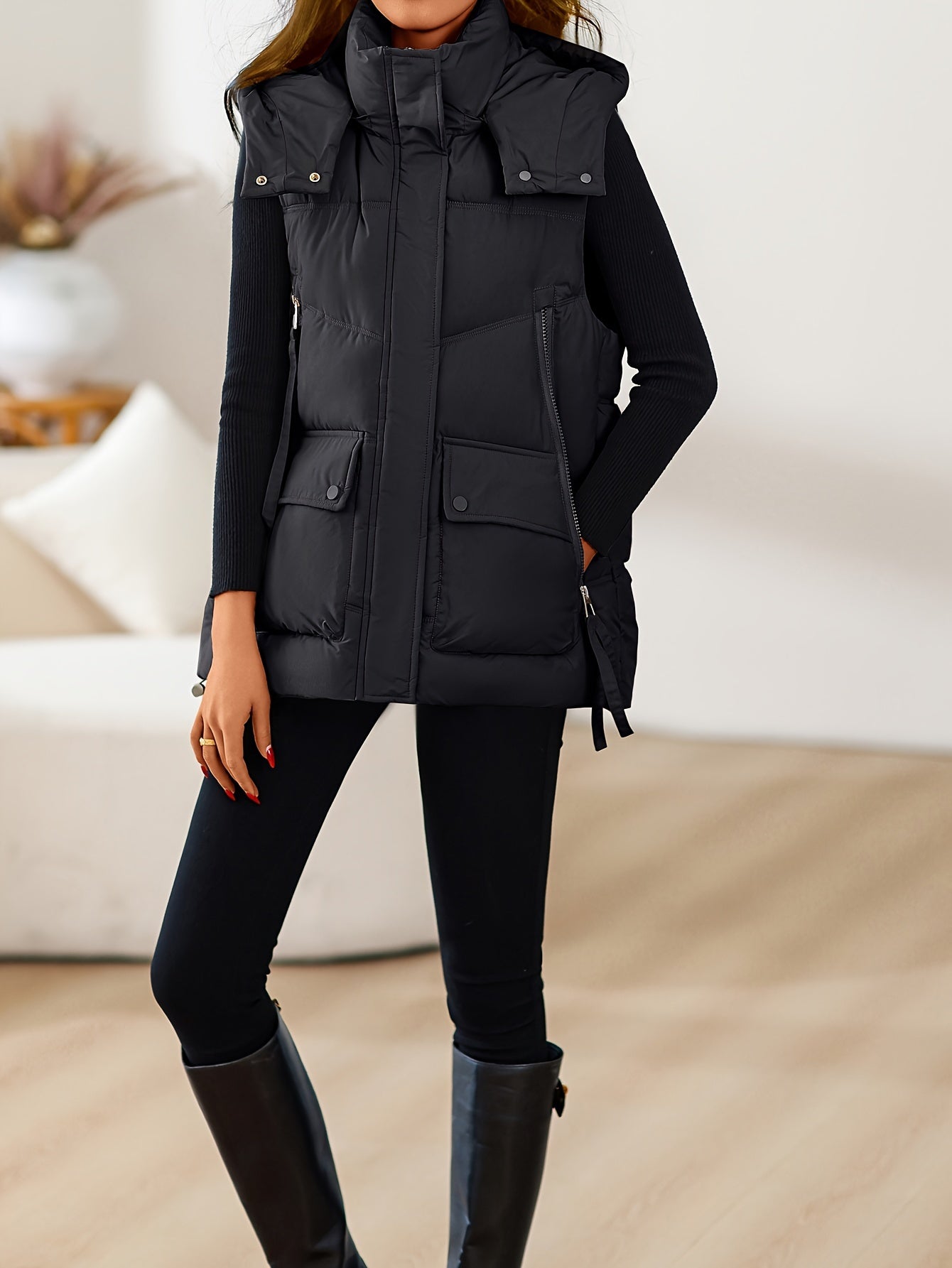 Women's Black Polyester Hooded Vest with Zip Front Pockets and Drawstring Waist