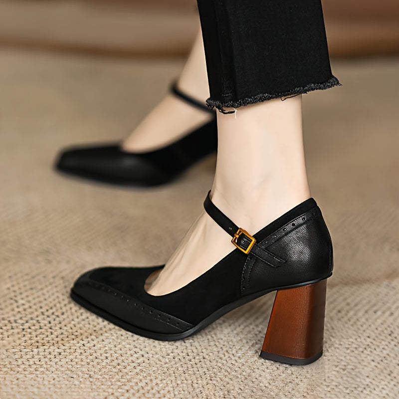 Women's Black Vintage Square Toe Pumps with Ankle Strap and Chunky Heels