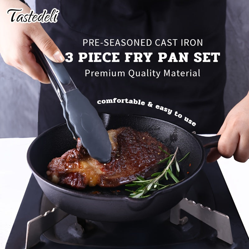 3-Piece Cast Iron Skillet Set Pre-Seasoned Dishwasher Safe for Frying and Cooking