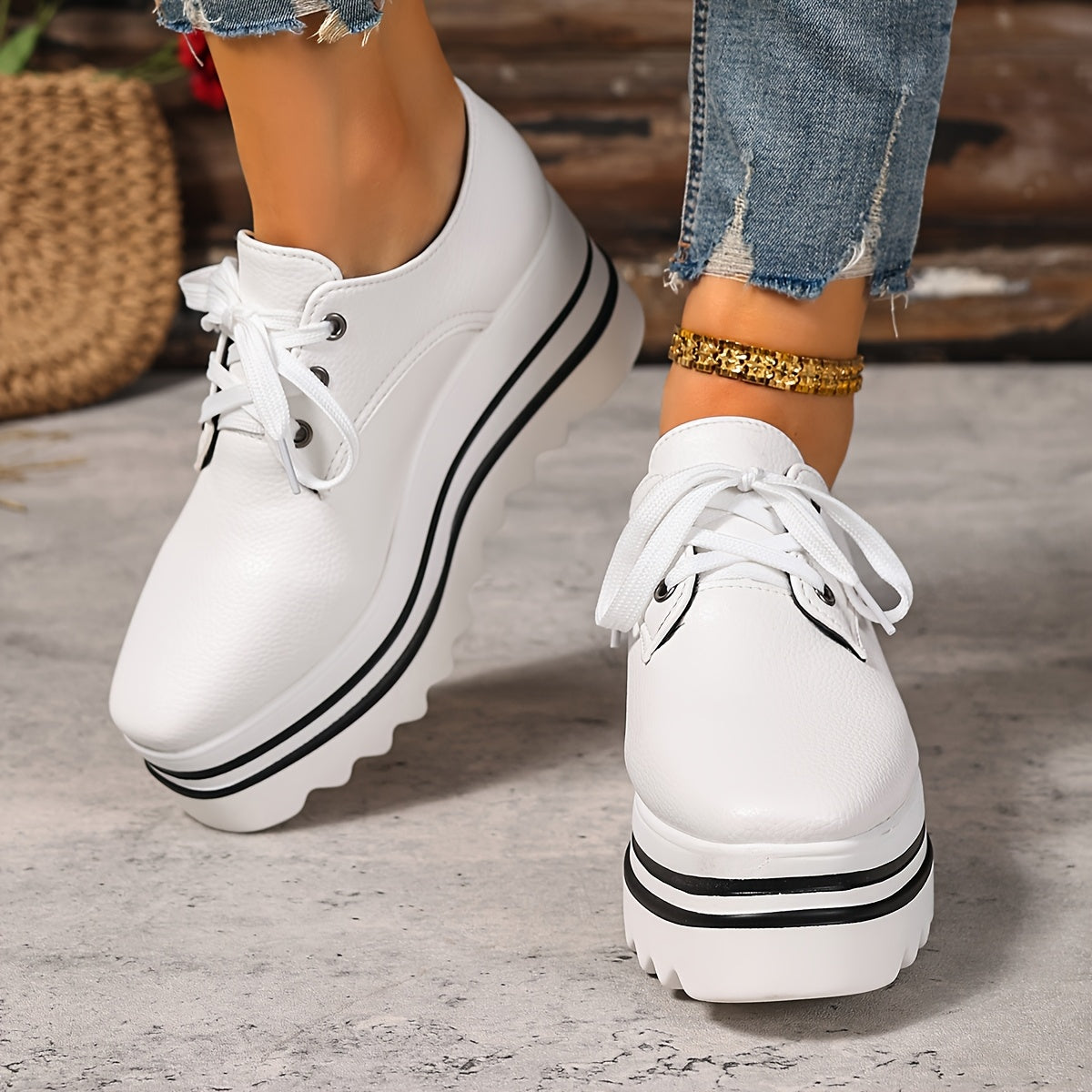 Women's White Synthetic Chunky Platform Lace-Up Shoes with Hidden Heel