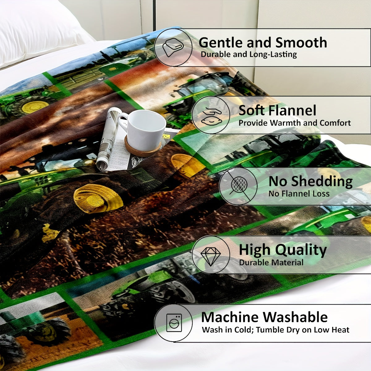 Flannel Farm Tractor Printed Blanket Shawl - Soft and Skin-Friendly Throw Blanket for Casual Sofa Use or Nap Time, Perfect as a Multi-Purpose Gift Blanket.