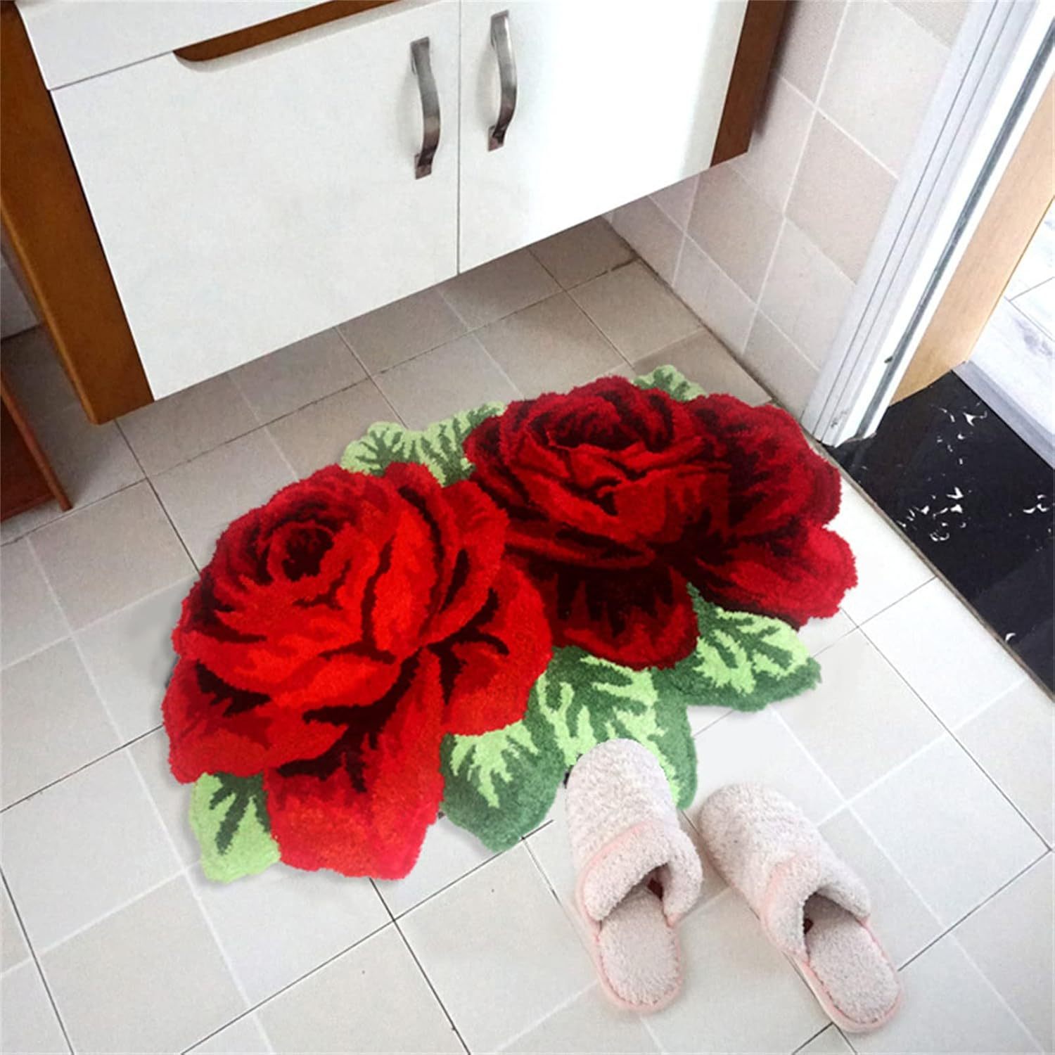 Valentine's Day Decor Crystal Velvet Rose Bath Rug Non-Slip 1cm Thick