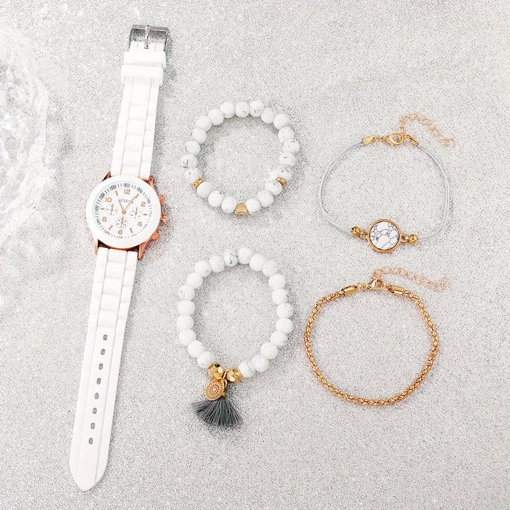 Set of 5 Women's Quartz Watches with Silicone Straps and Bracelets for Gift