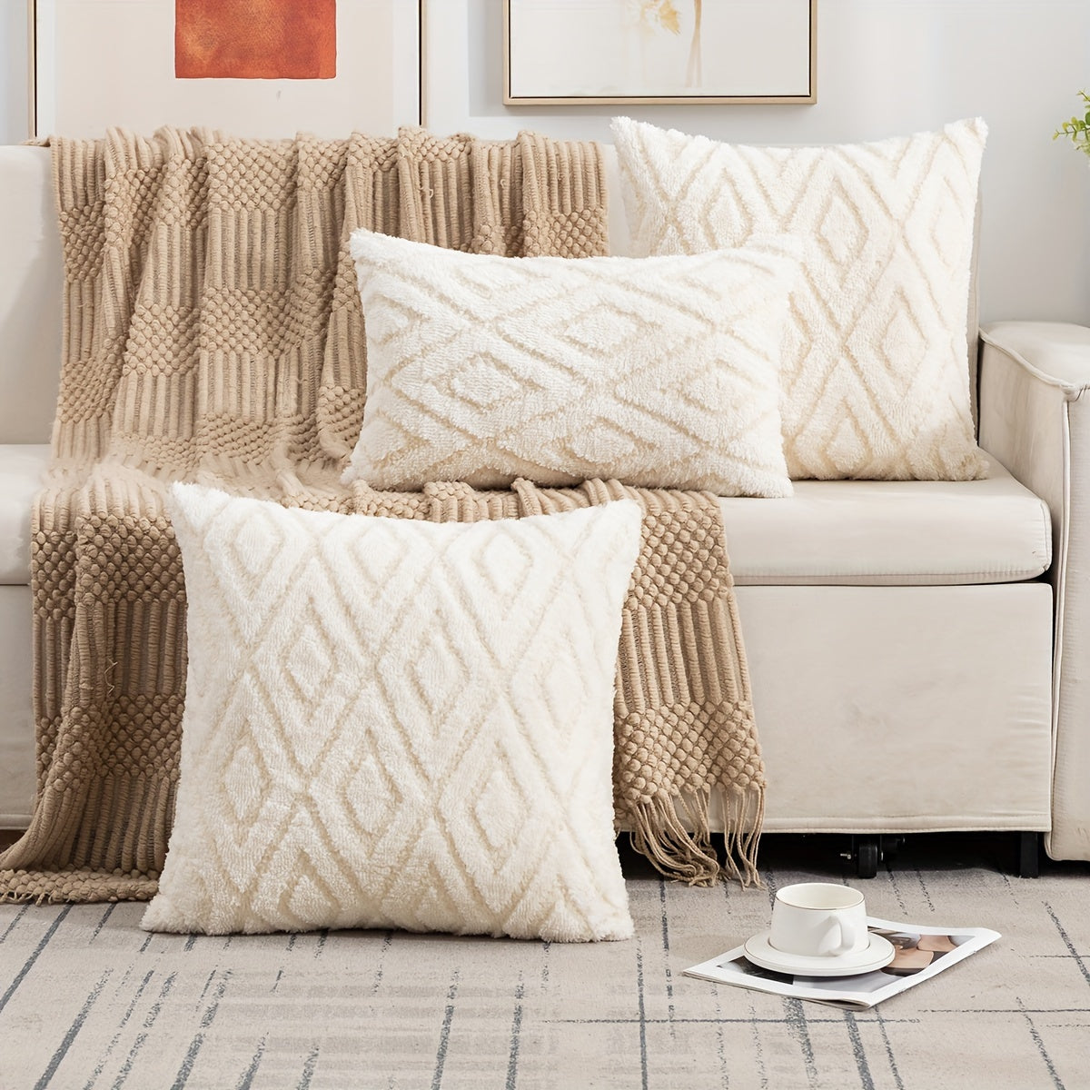 Zippered Boho-Chic Plush Diamond Quilted Throw Pillow Cover for Living Room Bedroom