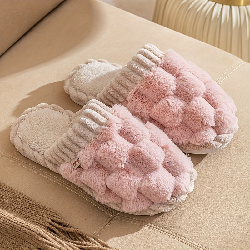 Unisex Plaid Faux Fur Slippers All-Season Indoor Non-Slip House Shoes