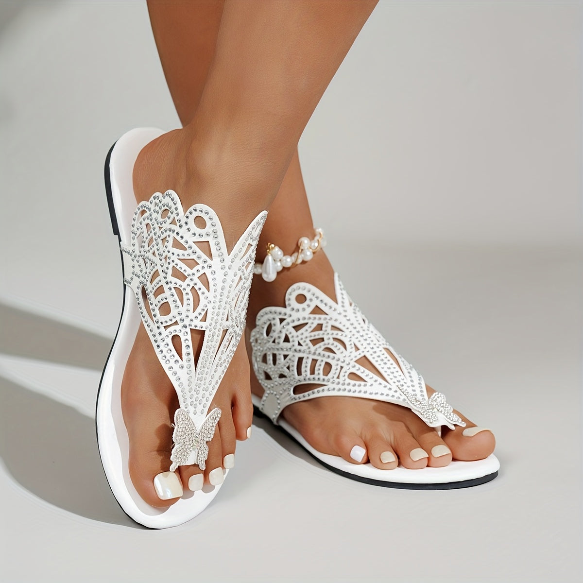 Women's Ethnic Style Butterfly Embellished Square-Pattern Slip-On Sandals with Cushioned Sole