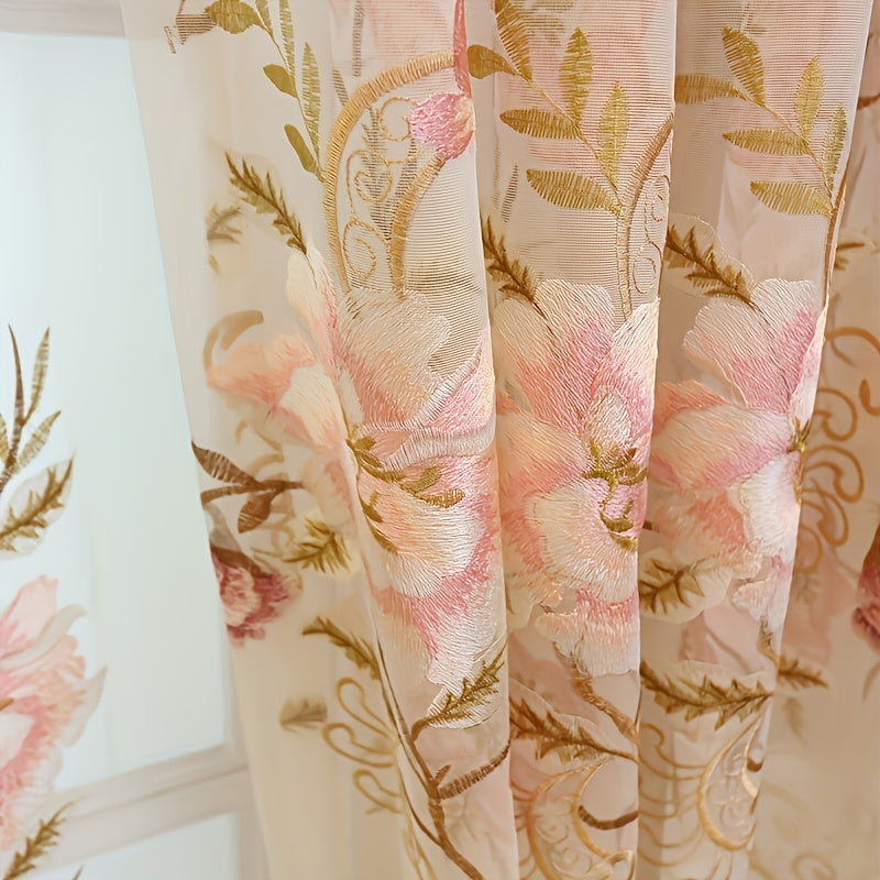 Pink Floral Embroidered Sheer Curtain for Living Room and Bedroom 1 Piece