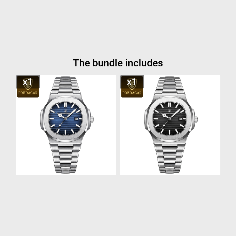 Men's Square Quartz Watch Waterproof Stainless Steel Luminous Date Luxury