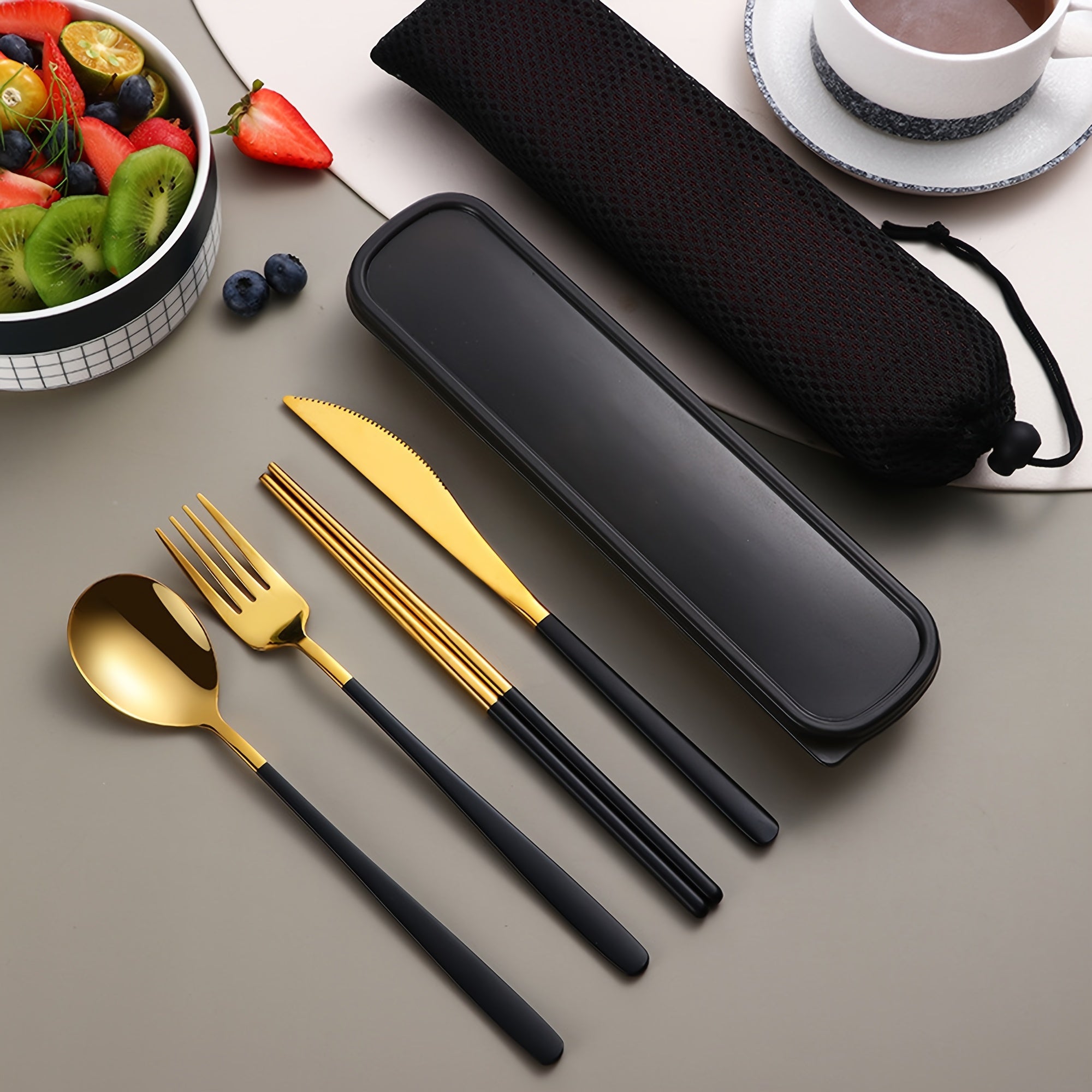 Stainless Steel Cutlery Set with Knife Fork Spoon and Chopsticks for Picnics Camping