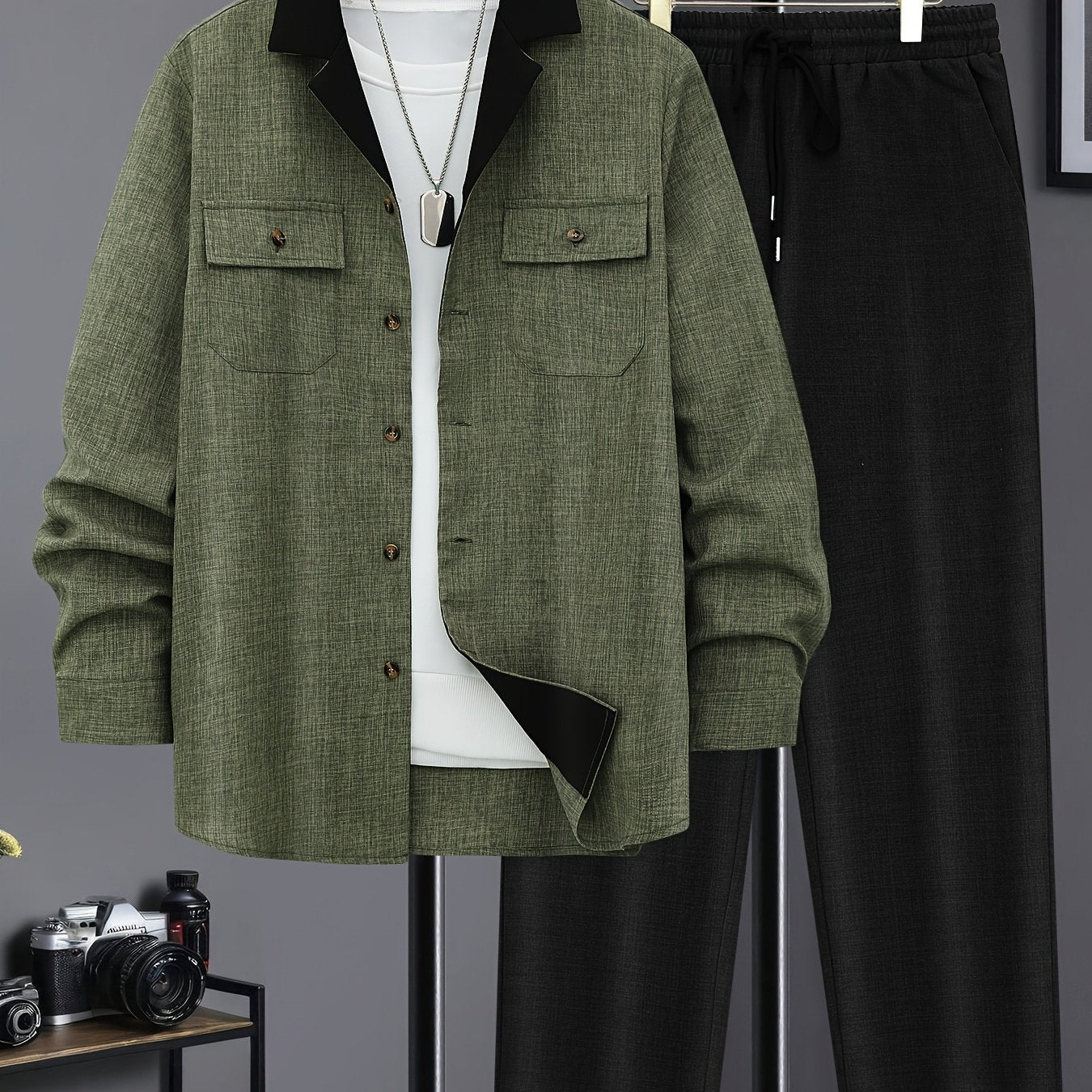 Men's Autumn Winter Long Sleeve Button Shirt and Casual Pants Set Polyester Solid Color Regular Fit