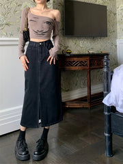 Black Denim Midi Skirt with Front Slit, High Waist, Machine Washable, Summer Style