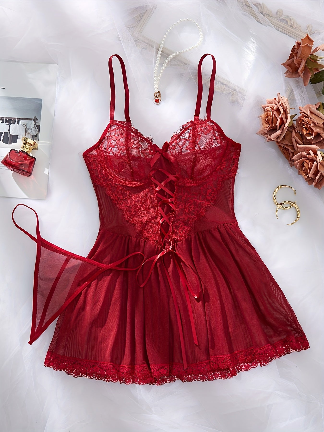 Women's Nightdress and Thong Set with Thin Shoulder Straps and Stylish Design