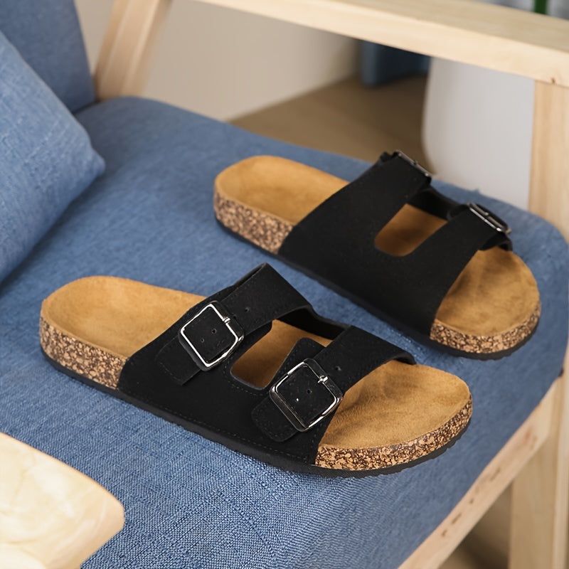 Туфли-слипоны с открытым носком для мужчин и женщин с двойной пряжкой, амортизирующей стелькой и дышащей тканью в однотонных цветах