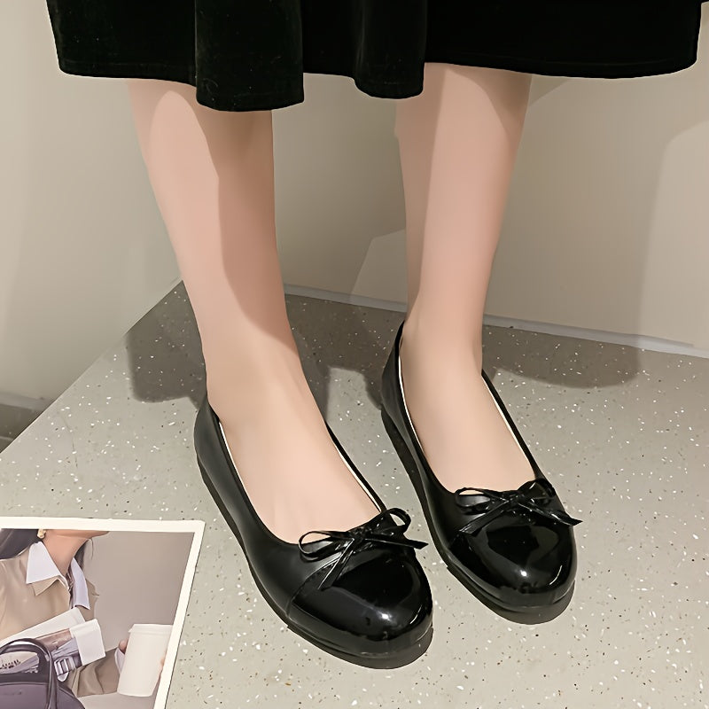 Women's Black TPU Ballet Flats with Bow, Lightweight Slip-On, All-Season