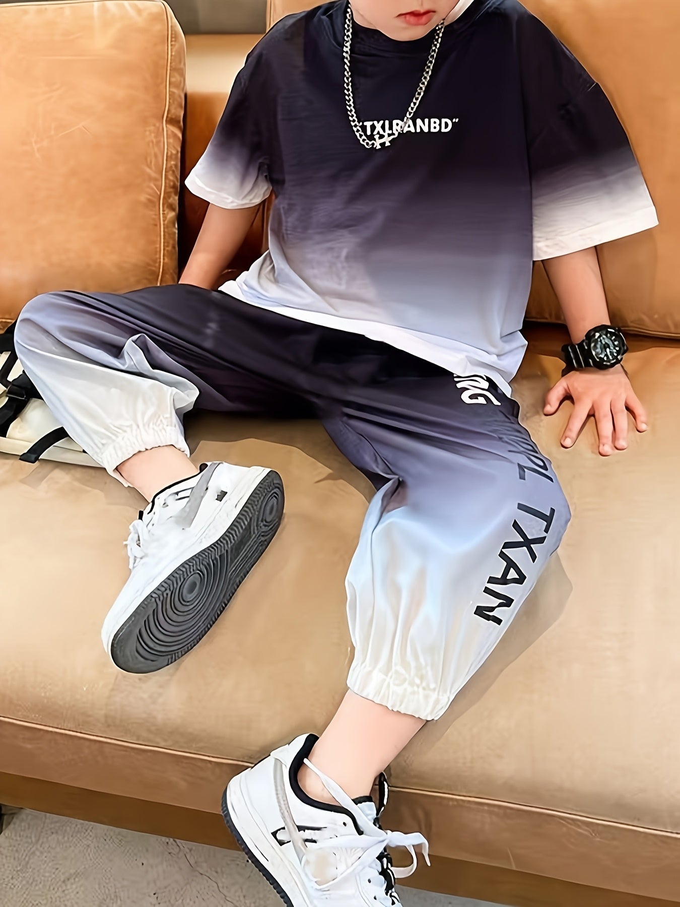 Boys Summer Sports Set with Printed T-Shirt and Cuffed Pants for Outdoor Activities