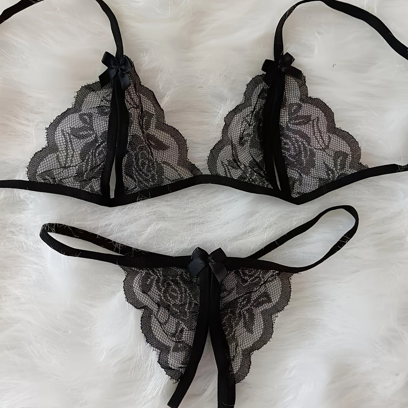 Lingerie Set with Deep V Neckline and See-Through Back, Includes Bra and Open Crotch Thong