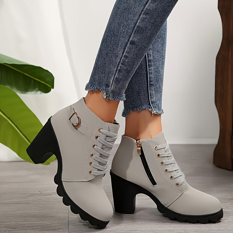 Women's Leather High Heel Ankle Boots with Side Zipper and Buckle