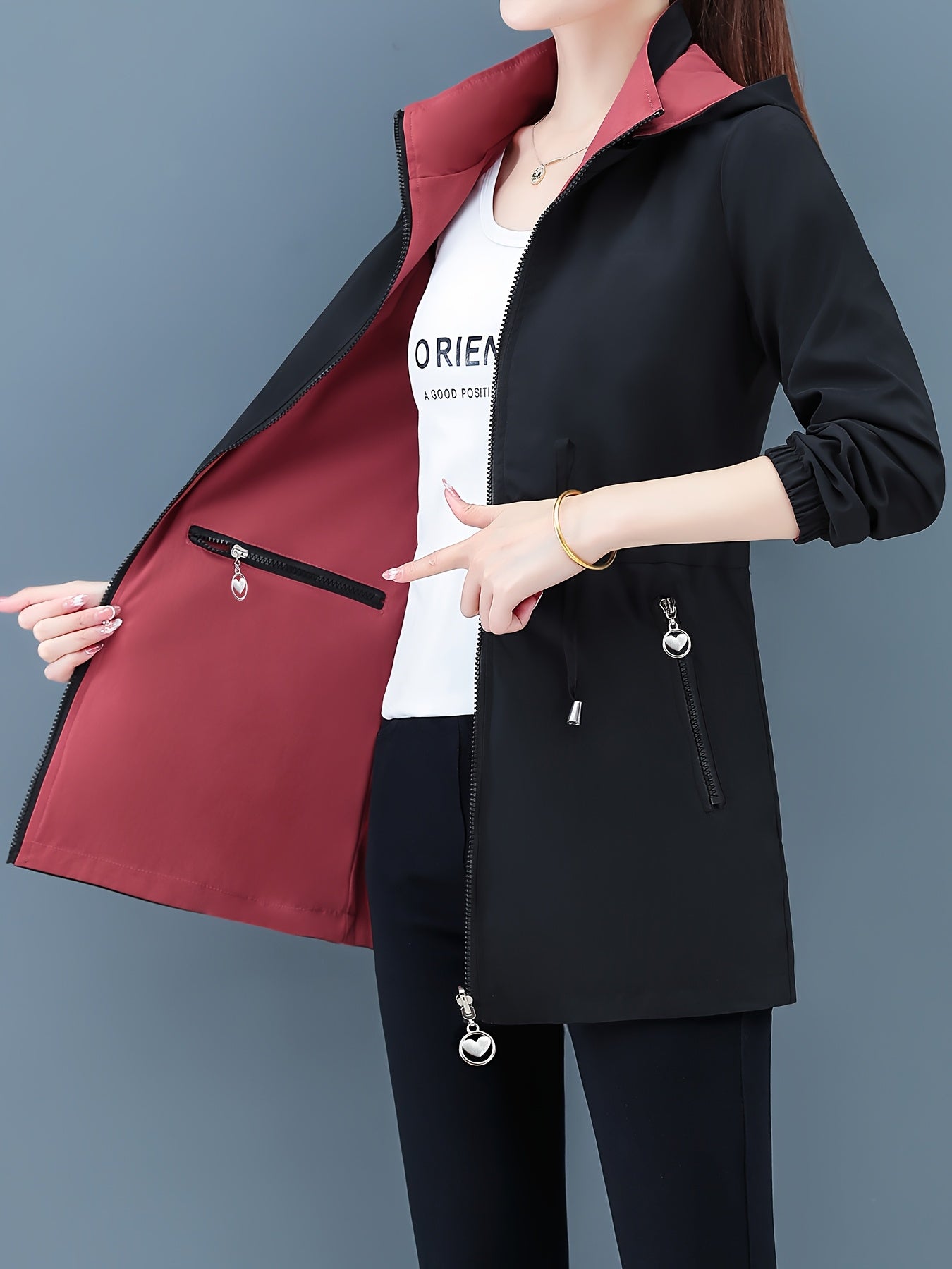 Women's Reversible Windbreaker Jacket Lightweight Hooded Spring Fall Casual Polyester