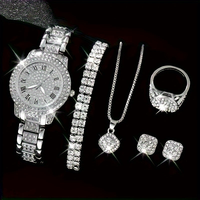 Women's Watch and Jewelry Set with Rhinestones Stainless Steel Band Quartz Movement